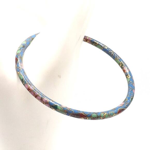 Vintage Cloisonne Floral Bangle Bracelet, Blue Pink Enamel, 7 3/4 Inch, 1960s - Picture 5 of 6